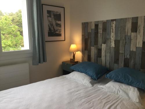 une chambre avec un lit avec des oreillers bleus et une fenêtre dans l'établissement Face Mer 