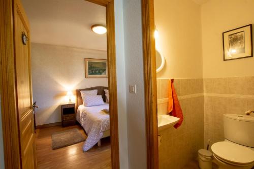 La salle de bains est pourvue d'une chambre avec un lit et des toilettes. dans l'établissement La Maison d'Élise, à Sarlat-la-Canéda