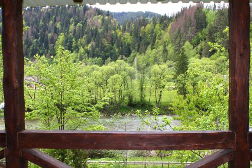 a view of a river from a cabin window at Чан-садиба Гуцульська пісня in Mykulychyn
