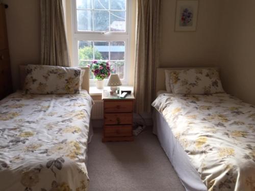 a bedroom with two twin beds and a window at The Nurseries Bed and Breakfast Fairford in Fairford