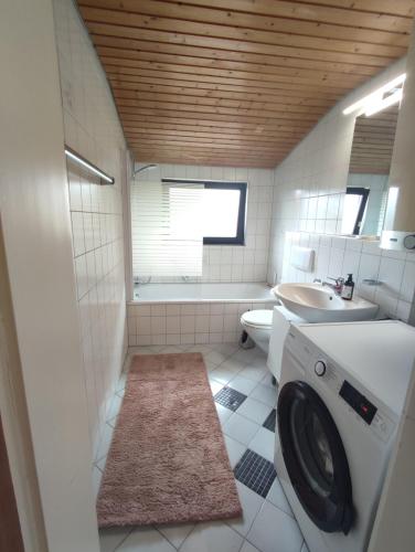 a bathroom with a toilet sink and a washing machine at Studio Apartment in Bermatingen