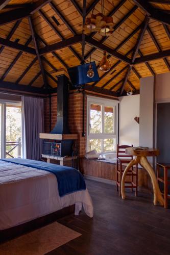 a bedroom with a bed and a stove in a room at Chalés Descanso na Serra in Monte Verde