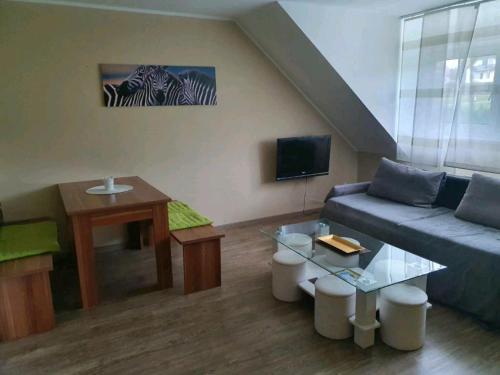 ein Wohnzimmer mit einem Sofa und einem Tisch in der Unterkunft Lindner Ferienwohnungen und Doppelzimmer in Fichtelberg