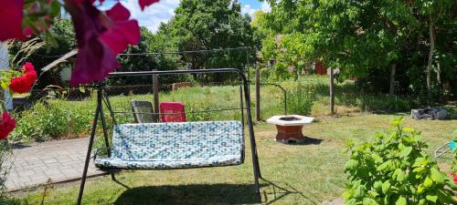 a chair sitting in the grass in a garden at Larida Vendégház in Sarud