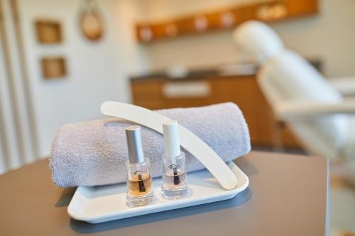 a toothbrush holder with two bottles on a table at Wohlfühlhotel Alte Rebschule in Rhodt unter Rietburg