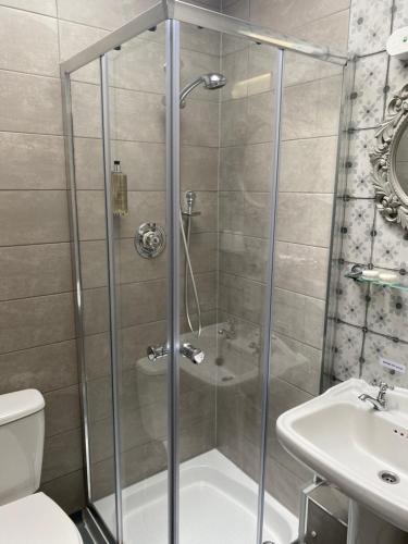 a bathroom with a shower and a toilet and a sink at Farnley Tower Guesthouse in Durham