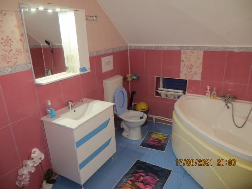 a bathroom with a sink and a toilet and a tub at Vila Mihai in Năvodari