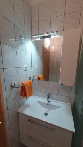 a bathroom with a sink and a mirror at Villa Natalija in Medulin