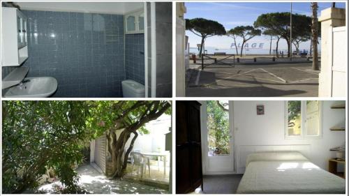 un collage de trois photos d'une chambre et d'une salle de bains dans l'établissement Logement climatisé avec jardin et parking pour 2 personnes en bord de plage, à La Ciotat