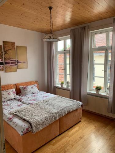 a bedroom with a bed and two windows at Schloss Blick Bredendiek in Jever