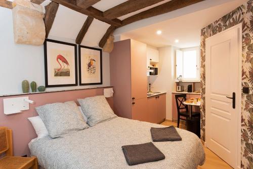 a small bedroom with a bed and a kitchen at La Lirosane, 3 studios, 3,7km du Zoo, Centre-ville in Saint-Aignan