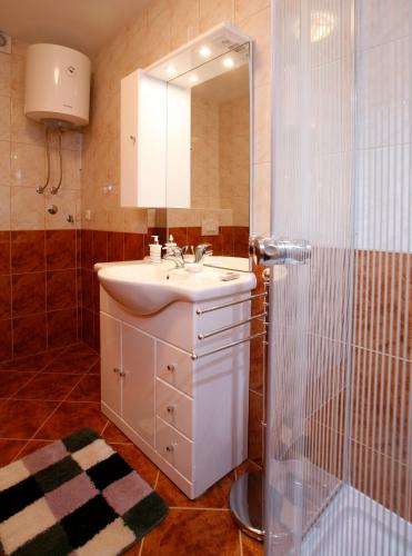 a bathroom with a sink and a shower with a mirror at Apartment Fila i Jure in Solin