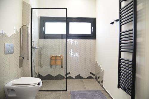 a bathroom with a toilet and a glass shower stall at Chill and Thrill Apartments in Mastichari