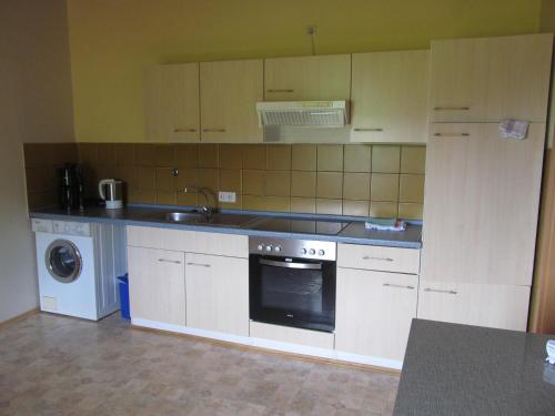 a kitchen with white cabinets and a sink and a dishwasher at Ferienwohnung Simon in Reil