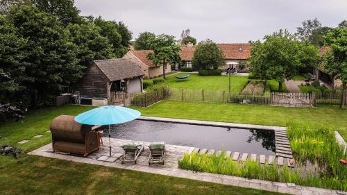a chair and an umbrella next to a pond at Wabi Sabi B&B - a Japanese sleep oasis in Belgium in Grote-Brogel