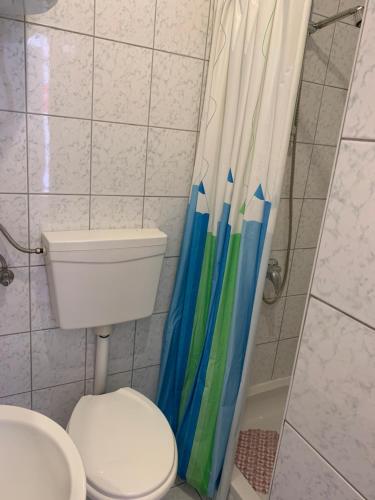 een badkamer met een toilet en een douchegordijn bij Apartments Villa Antony 2 in Drvenik