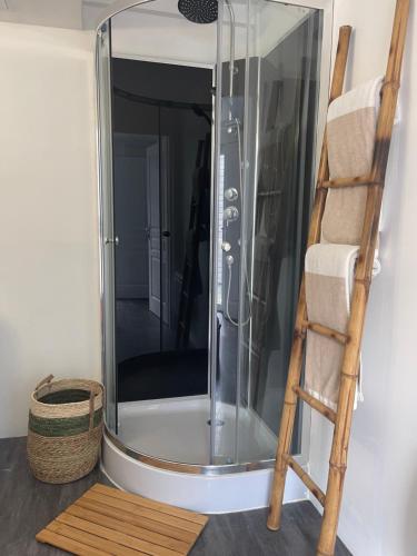 a glass shower in a bathroom with a ladder at Maison proche Omaha Beach vue imprenable sur haras in Étreham