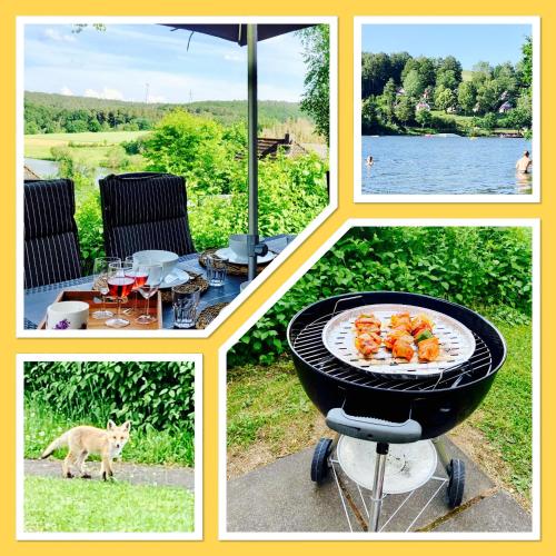 a collage of pictures of a grill with a plate of food at Haus Elise in Kirchheim