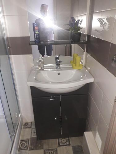 a person taking a picture of a sink in a bathroom at Residence d'Anjou - Grand studio avec balcon et parking privatif in Perpignan
