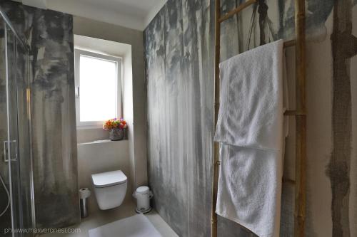 a bathroom with a shower and a toilet and a window at Appartamenti Ramarro in Ronco s/Ascona - Porto Ronco