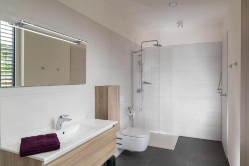 La salle de bains est pourvue d'un lavabo, de toilettes et d'une douche. dans l'établissement K³ in Ilmenau, à Ilmenau