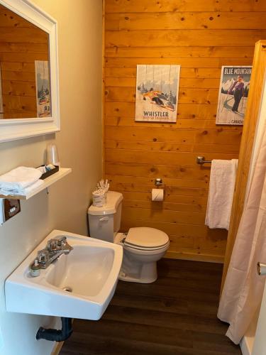 ラック・メガンティックにあるAuberge et Chalets sur le Lacのバスルーム(白い洗面台、トイレ付)