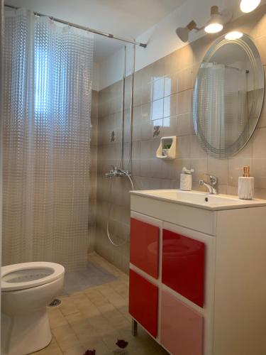 a bathroom with a toilet and a sink and a mirror at Μaria's flats in Tolo