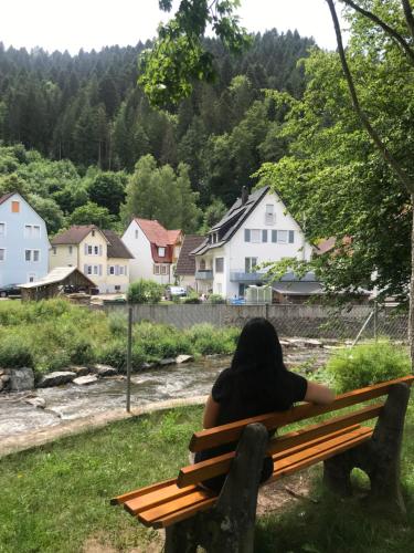 a woman sitting on a bench looking at a village at S-VILLA Apartments im Schwarzwald in Schiltach