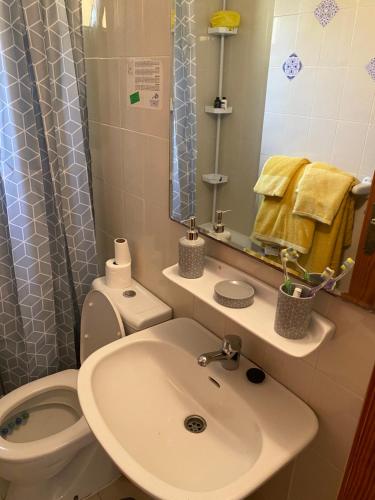 a bathroom with a sink and a toilet and a mirror at Caletaparaiso110 in Costa de Antigua