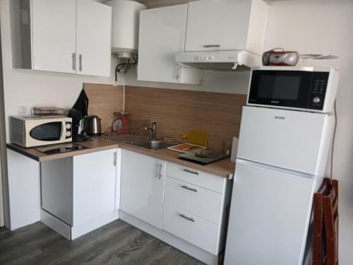 a kitchen with a white refrigerator and a microwave at cosy STUDIO 4 personnes, proche mer et commerce 0 chambre in Le Grau-du-Roi