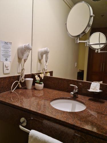 a bathroom counter with a sink and a mirror at Alpenhaus Gramado Flat Temporada in Gramado