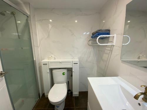 a bathroom with a toilet and a sink and a shower at Camp Nou Nueva Casa in El Arrabal