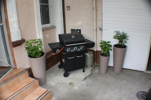 a grill on a patio with two potted plants at Ferienwohnung Zollverein in Essen