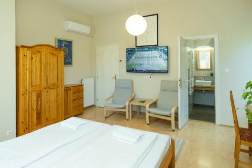 a bedroom with a bed and two chairs and a tv at Nemes Apartman in Eger