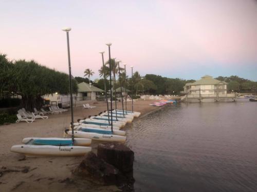 a row of kayaks lined up on a beach at Large Family Sized Unit with Watersports, Maroochy River, Lagoon, and Beach Access in Twin Waters