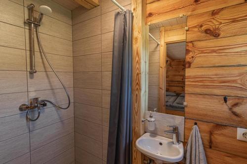 a bathroom with a sink and a shower in a log cabin at Dzintarmājas in Pāvilosta
