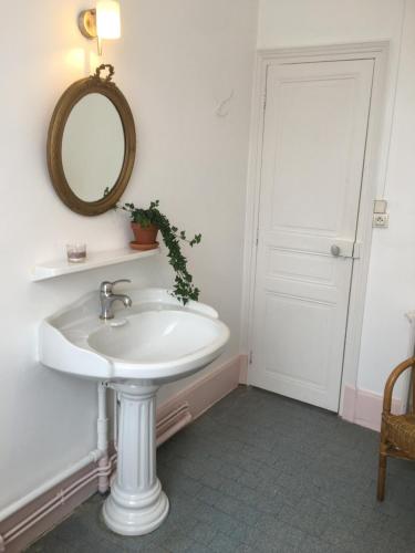 a bathroom with a sink and a mirror on the wall at Il était une fois un jardin in Saint-Fargeau