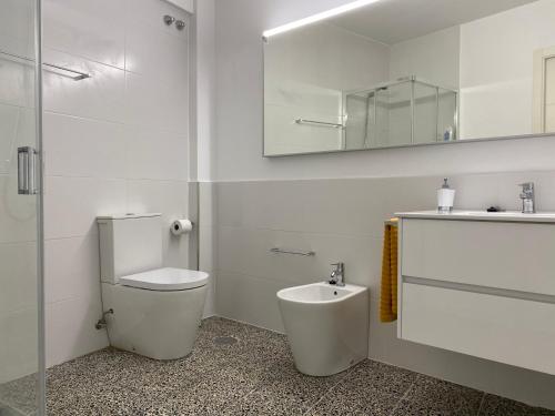 y baño con aseo, lavabo y espejo. en Apartamento Padron Centro, Camino De Santiago P8 UR, en Padrón