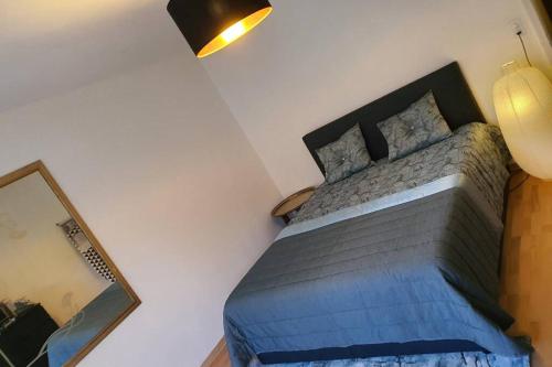 1 dormitorio con 1 cama en una habitación con espejo en Messe Apartments in the center of basel en Basilea