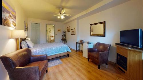 a bedroom with a bed and a flat screen tv at Gingerbread House Inn - We Are Open - Winter, Spring, Summer and Fall in Wolfville