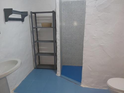 a bathroom with a shower with a blue floor at Los Duendes in El Puerto de Santa María