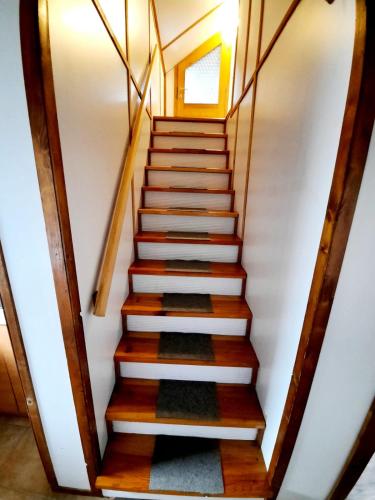 a staircase in a house with wooden floors and white walls at Malovaný sklípek in Hlohovec