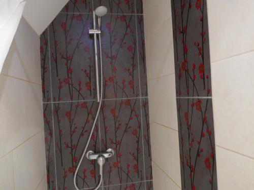 La salle de bains est pourvue d'une douche avec rideau de douche et de fleurs rouges. dans l'établissement Chambre indépendante, à Caen
