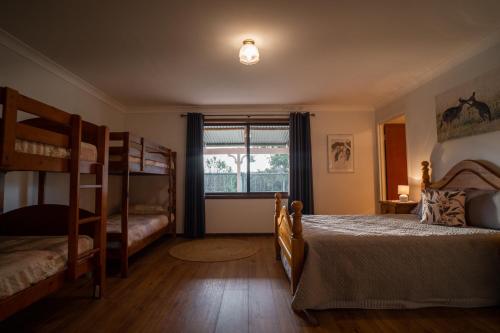 a bedroom with two bunk beds and a window at Glen Mervyn Lodge in Mumballup