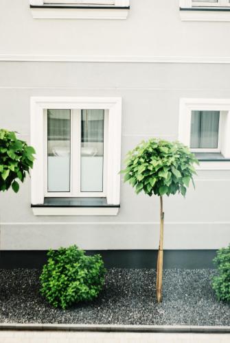 a white house with a window and two plants at BOOGIE Home Kamienica Łódzka in Łódź