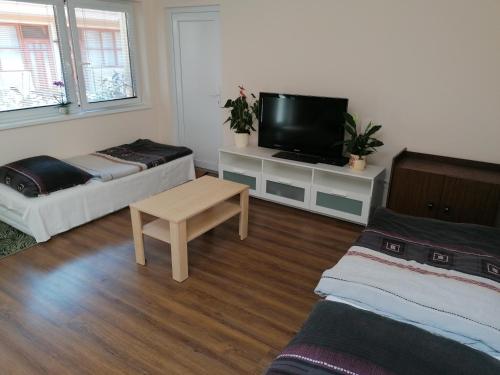 a living room with two beds and a tv at K-plus penzión in Štúrovo