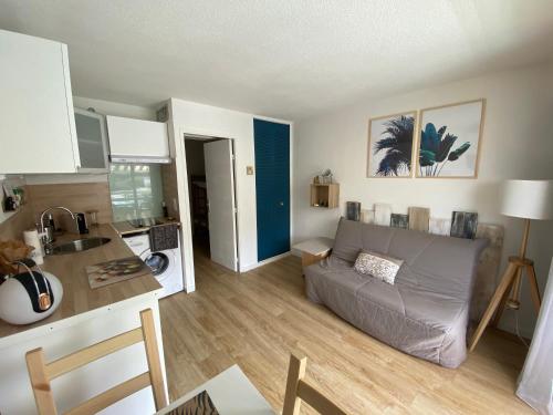 Il comprend un salon avec un canapé gris et une cuisine. dans l'établissement Studio 207-Front de mer parking privé, à Cavalaire-sur-Mer