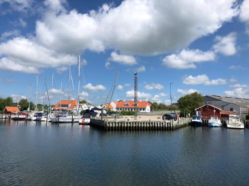 a group of boats docked at a marina at Askes Oase Guest Apartment in Fjællebroen