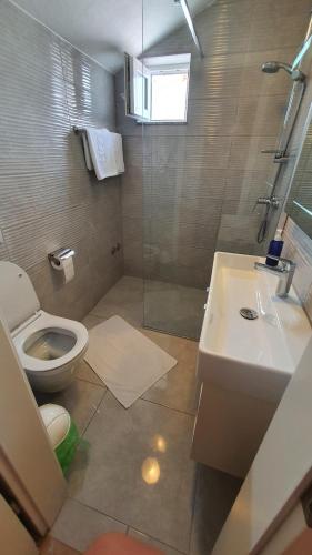 a bathroom with a toilet and a sink and a shower at B&B La Perla in Punat