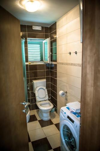 a bathroom with a toilet and a washing machine at Apartman Josip in Zagvozd